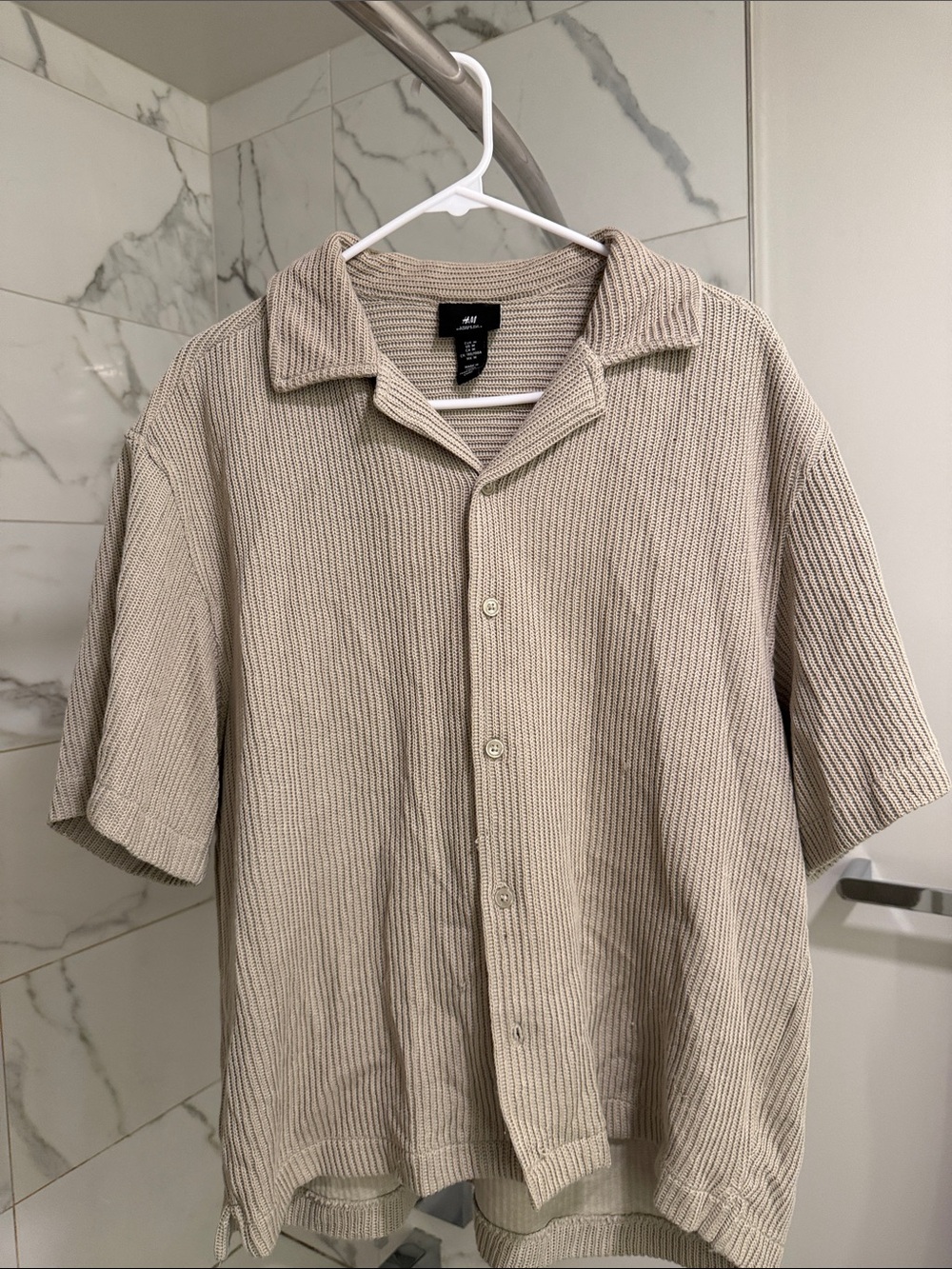 H&M Neutral Beige Textured Short-Sleeve Button-Down Shirt
